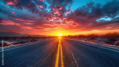 Open Road, Endless Possibilities, A winding road stretches into the distance, disappearing into a vibrant sunset.