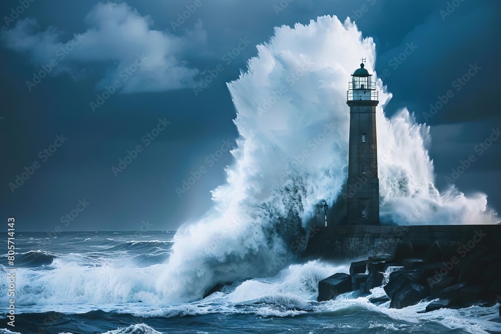 majestic lighthouse withstanding giant crashing wave dramatic seascape photography