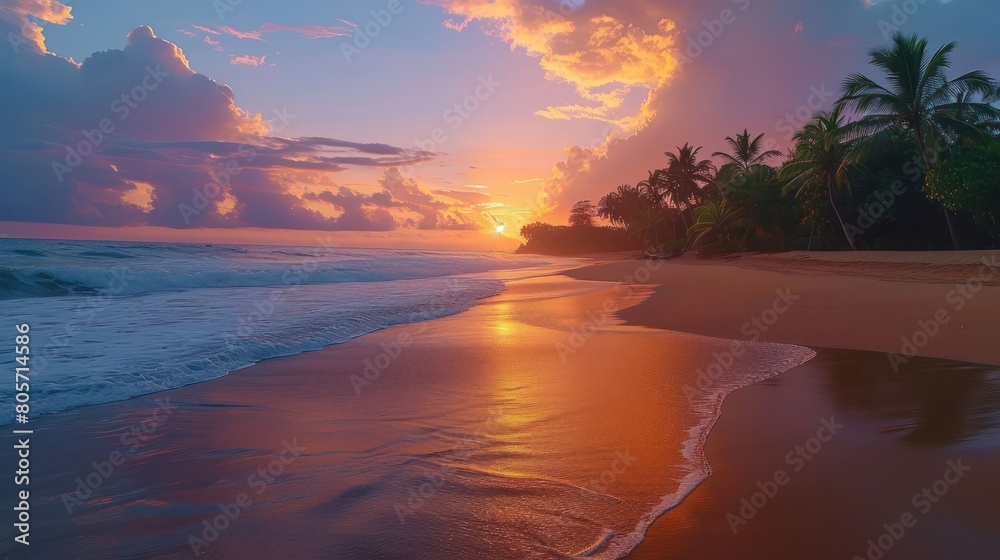 beautiful beach with coconuts trees at sunset