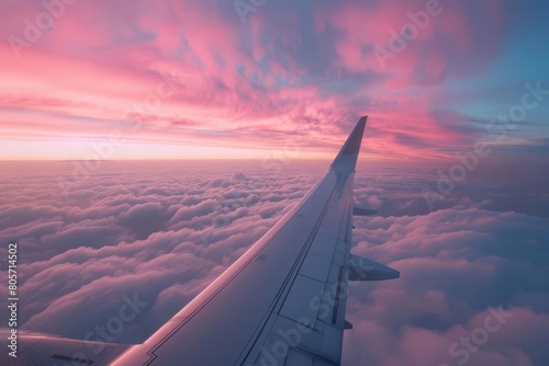 mesmerizing airplane wing view above the clouds at vibrant sunset travel photography