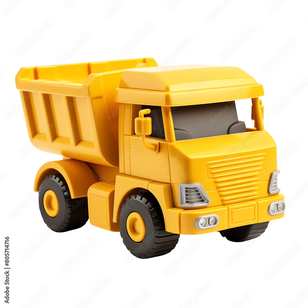 A yellow toy dump truck made of plastic for children to play with. isolated on a transparent background.