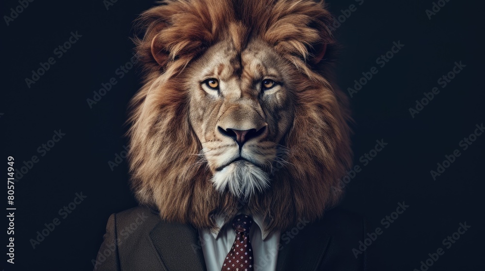 Witness the king of the jungle in an elegant, modern suit adorned with a stylish tie, Ai Generated. Witness the king of the jungle in an elegant, modern suit adorned with a stylish tie, Ai Generated.
