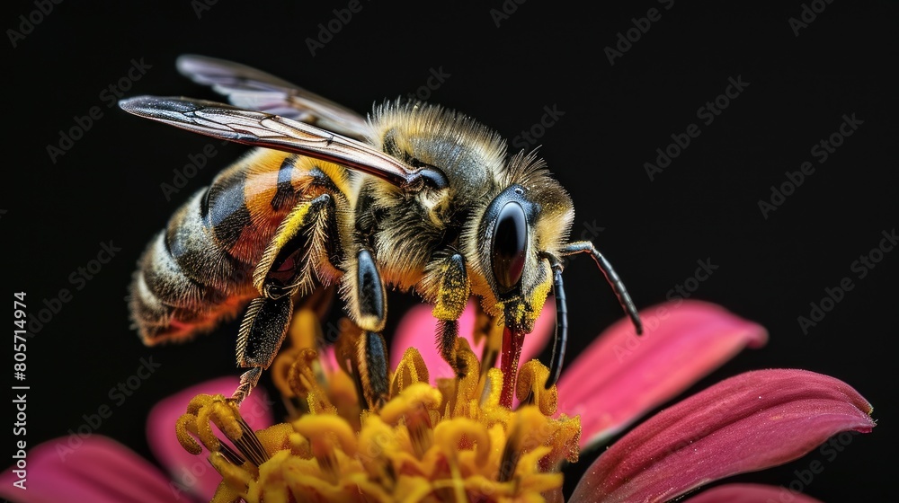 Isolated bee on flower against black background. Ai Generated Isolated bee on flower against black background. Ai Generated