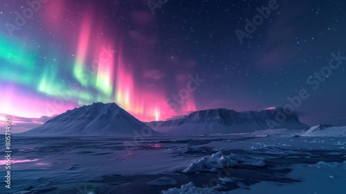 Beautiful landscape of the northern lights over hight mountains covered with snow photo