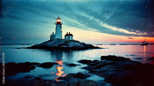 twilight tranquility. A lighthouse in the middle of a small rocky island, no trees. A tugboat on the harbour. Psychedelic colors, wet plate photography, tilt shift effect