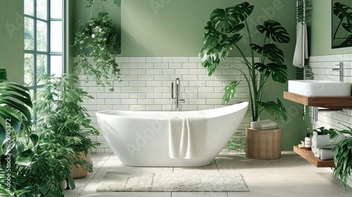 Bright bathroom with subway tile and a variety of green plants of deep forest style