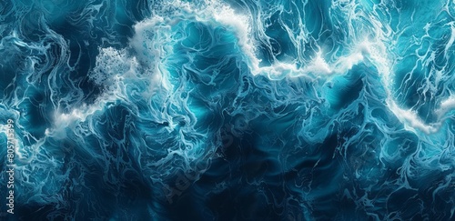 A top-down view of an ocean wave, with the color gradient transitioning from light blue to dark navy, creating depth and perspective in the water photo