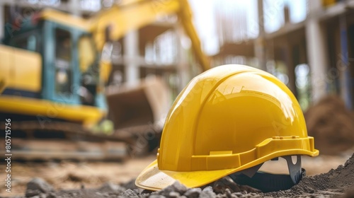 an architect's yellow helmet with blur construction machinery