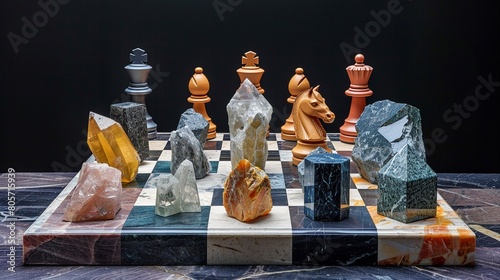 Chessboard with Rare Earth Element Pieces Create a visual metaphor with a chessboard where the pieces are made from different rare earth elements