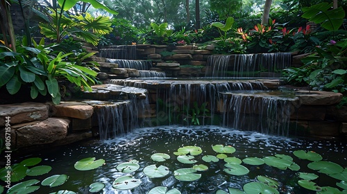 Serene garden oasis in the heart of a busy city  with lush greenery and a water feature