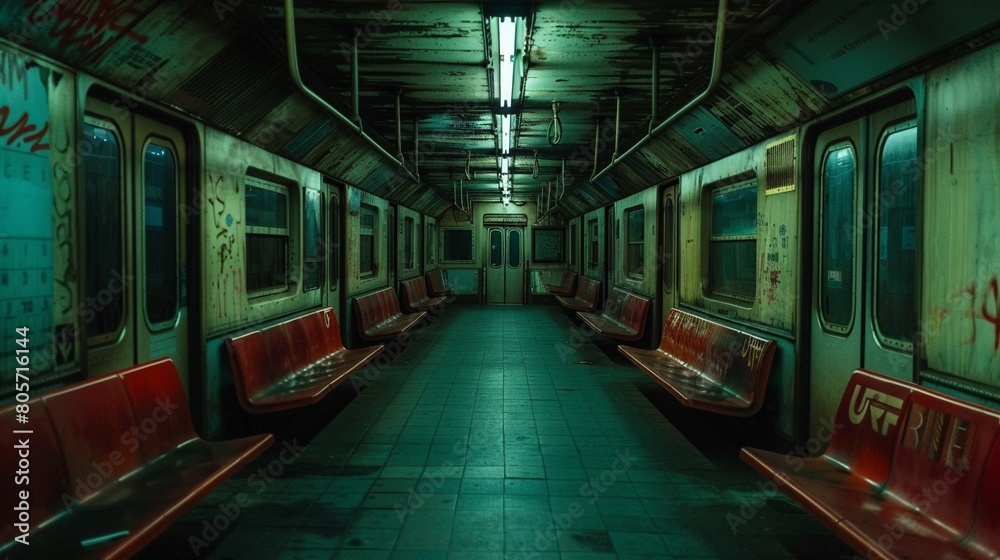 Lonely Subway Car Photograph an empty subway car parked in a dimly lit station, highlighting its isolation and the eerie silence that can pervade underground public spaces after hours
