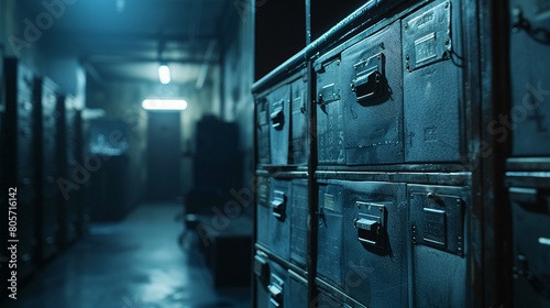Locked Filing Cabinet in a Dim Room Capture a locked filing cabinet in a dimly lit room, hinting at the confidential and protected information that businesses must keep hidden photo
