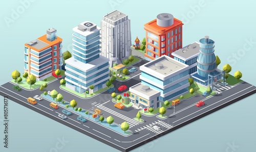 Various Architectural Styles Isometric 3D City Vector Scene  Showcasing Modern Computer Buildings.