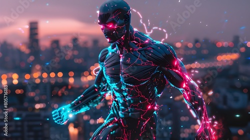 Genetically-Enhanced Superhuman Cyborg in Dynamic Action Pose Against Futuristic Neon-Lit Urban Cityscape photo