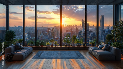 Sleek, modern living room with panoramic windows overlooking a bustling cityscape.