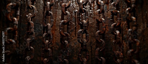 Old Rusty Chains Hanging from Ceiling Show rusty chains hanging from the damp ceiling of a dungeon or cellar, evoking captivity and forgotten realms photo