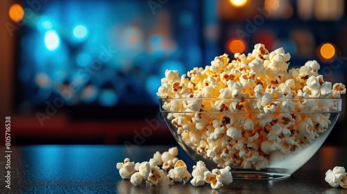 Glass bowl of popcorn in the background the TV works. Evening cozy watching a movie or TV series at home © Tina