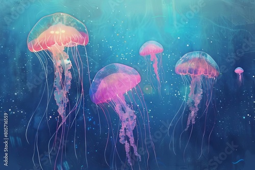 minimalist jellyfish floating in tranquil waters digital illustration