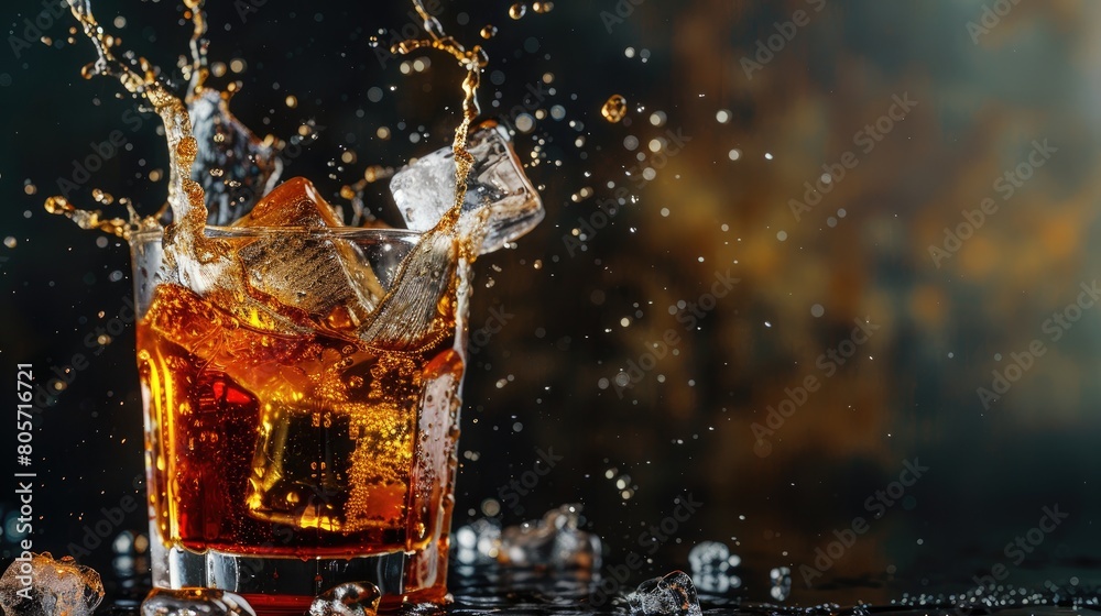 Soft drink poured into a glass with ice, creating a splash, against a dark background for a dramatic effect. Ai Generated. Soft drink poured into a glass with ice, creating a splash, against a dark background for a dramatic effect. Ai Generated.