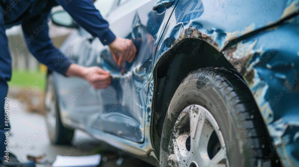 An auto mechanic or insurance adjuster inspecting the damage on a car as part of the claim process An auto mechanic or insurance adjuster inspecting the damage on a car as part of the claim process