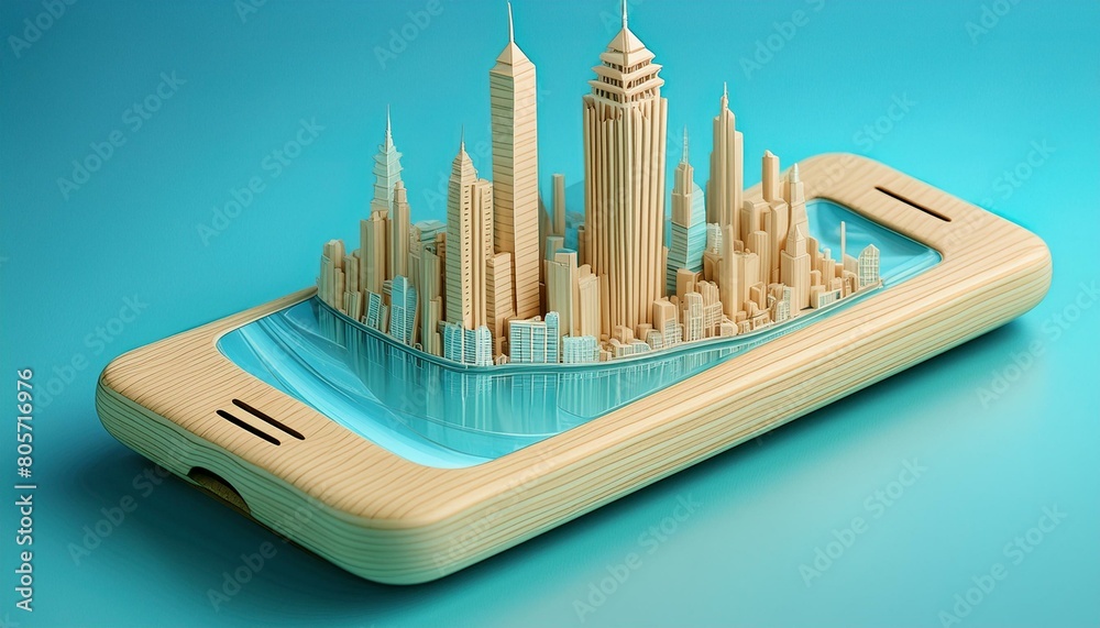 A practical phone stand made from bamboo, with a simple, modern carving of a city skyline A practical phone stand made from bamboo, with a simple, modern carving of a city skyline