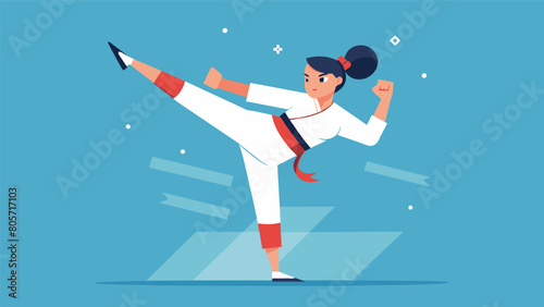 A woman with a prosthetic leg practices her balance and coordination in a taekwondo class confidently exeing kicks and blocks with precision and. Vector illustration