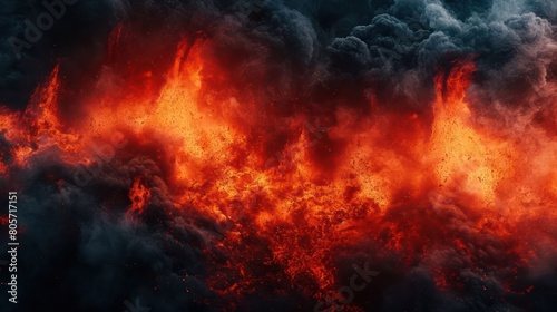 Lava explosions and fire background. Orange, red, and black smoke © Tina