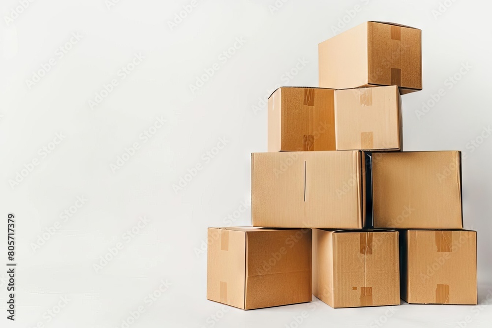 neatly stacked brown cardboard boxes on white background moving and delivery concept neatly stacked brown cardboard boxes on white background moving and delivery concept
