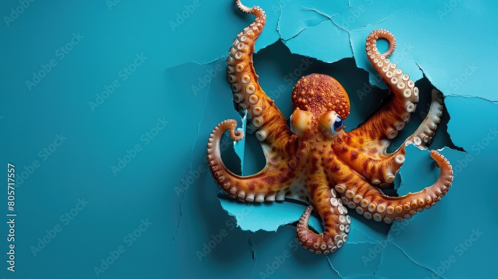 Fototapeta premium A humorous octopus peers through a ripped hole in a contrast pastel color paper background, Ai Generated
