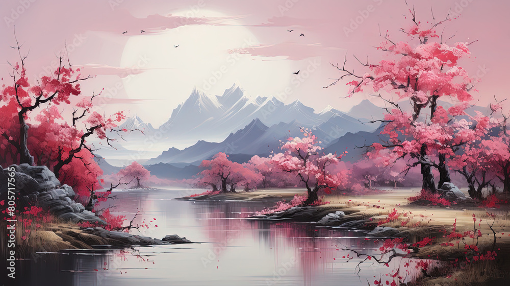 A Chinese Painting With Pinks In The Lake with Mountains Landscape Background