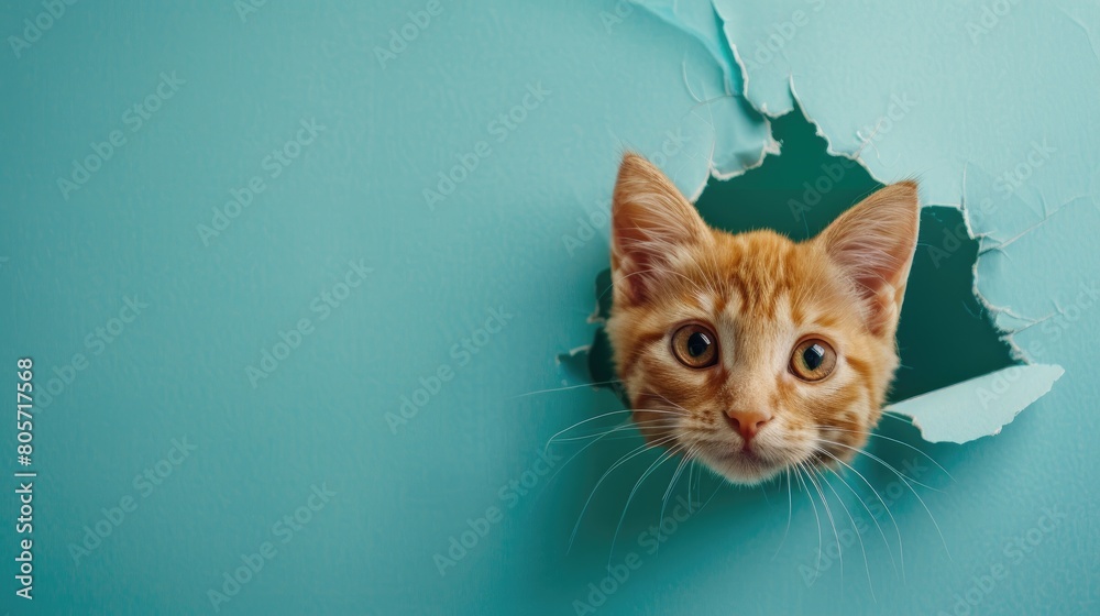 Cat Getting Ripped A humorous cat peers through a ripped hole in a contrast pastel color ...