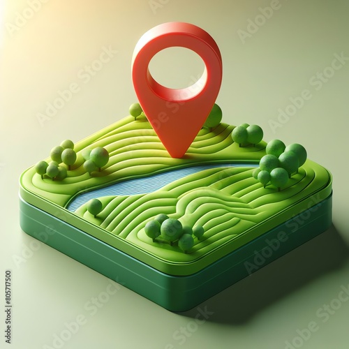 Location pin icon on green land plot, estate investment, land plot for construction project. 3d ground slice section