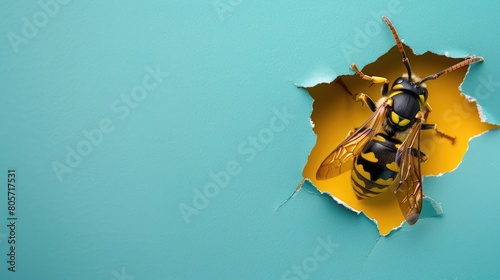 Amusing wasp peers through ripped hole against vibrant paper backdrop. Ai Generated. photo