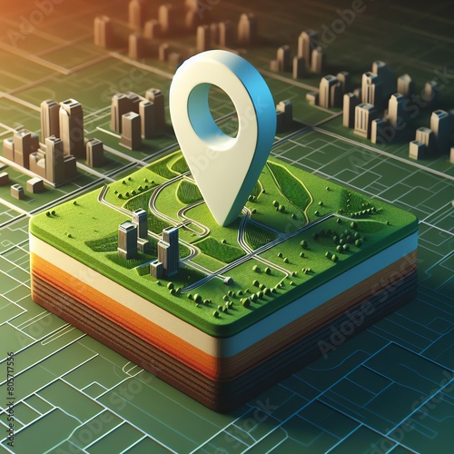 Location pin icon on green land plot, estate investment, land plot for construction project. 3d ground slice section