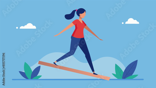 A woman slowly and precisely walking along a balance beam focusing on improving her balance and coordination posthip .. Vector illustration