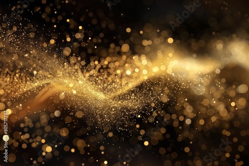 A wave of golden powder is flying in the air  creating an abstract background with blurred light spots on dark brown black background