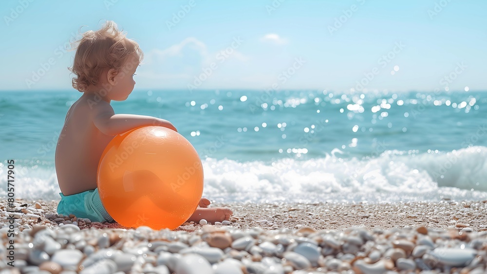 A happy child is sitting with a ball on the beach
