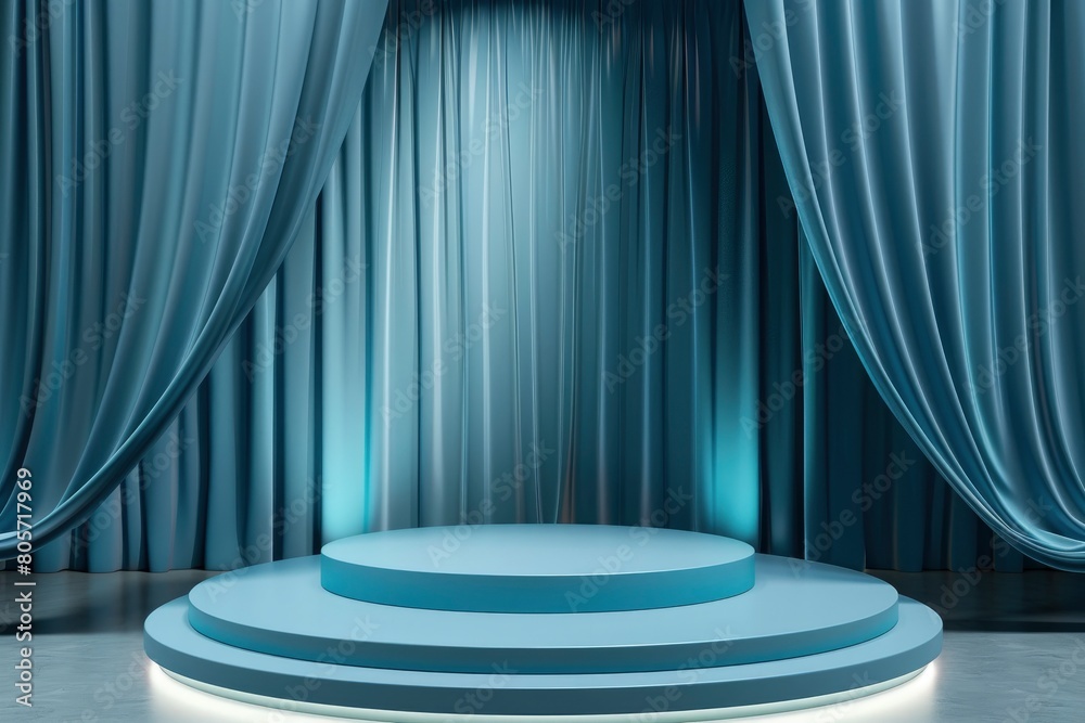 3d podium blue background and fabric curtain with spotlight luxury - generative ai