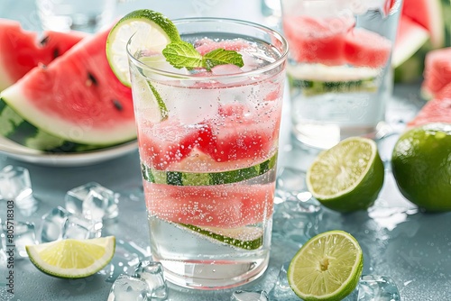 refreshing summer drink with lime and watermelon slices in sparkling clear water thirstquenching beverage