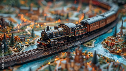 Toy train traversing a colorful map highlighting major cities and landmarks #805718394
