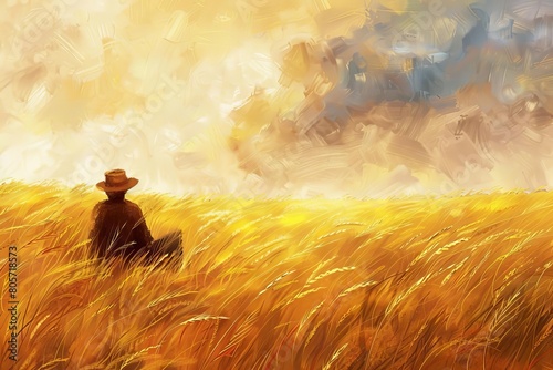 serene moment in golden wheat field farmer contemplating bountiful harvest idyllic rural scene digital painting photo