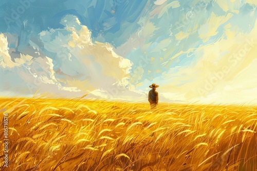serene moment in golden wheat field farmer contemplating bountiful harvest idyllic rural scene digital painting