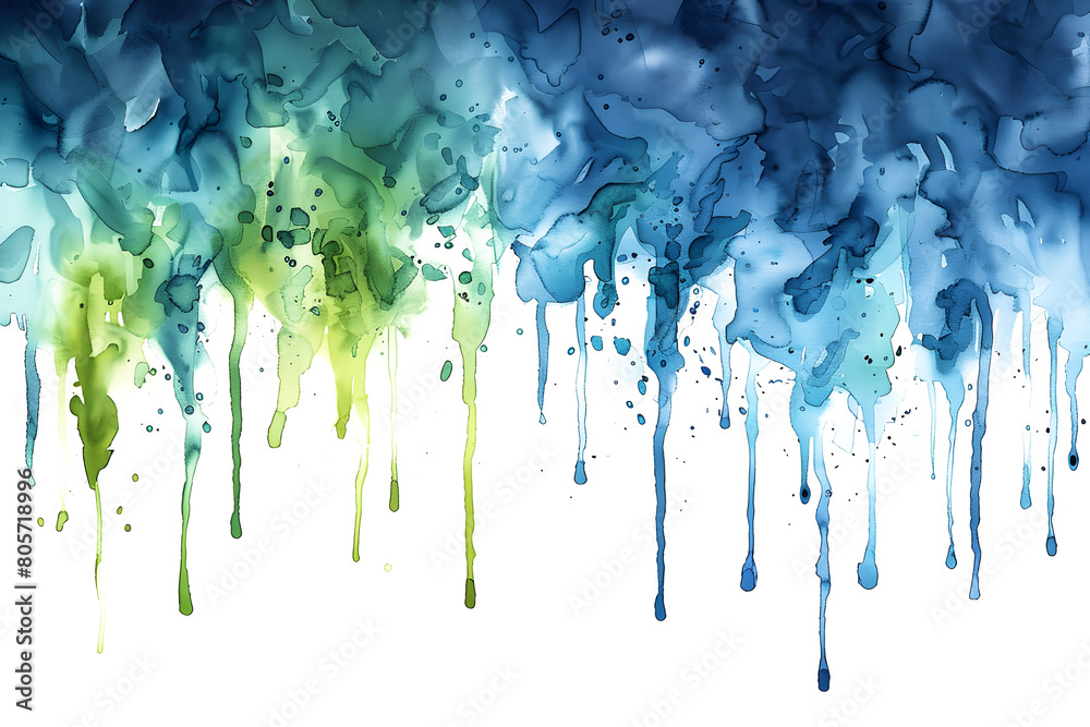 Blue and green dripping watercolor paint stain on transparent background.