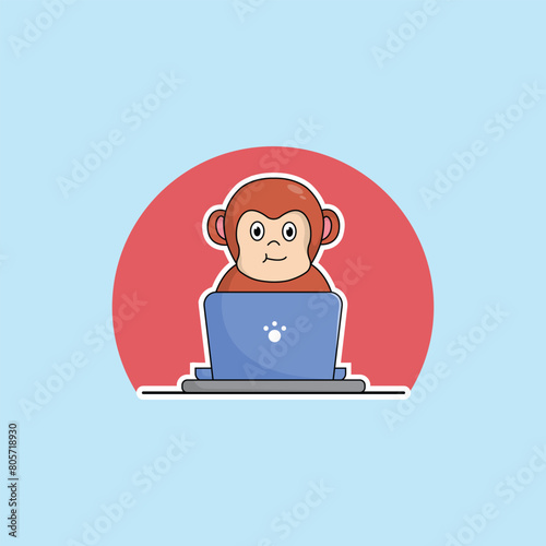 cute monkey cartoon working at laptop vector illustration animal technology concept premium vector flat cartoon