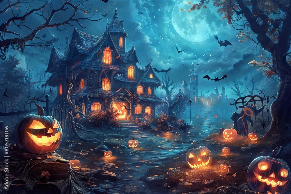 spooky halloween night with haunted house and jackolanterns illustration