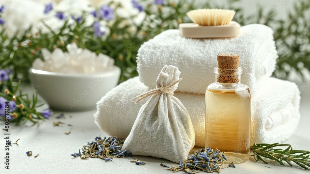 Towels with herbal bags and beauty treatment items setting in spa center in white room Towels with herbal bags and beauty treatment items setting in spa center in white room