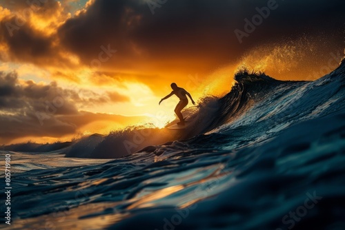 skilled surfer riding a wave during sunrise © Fitry