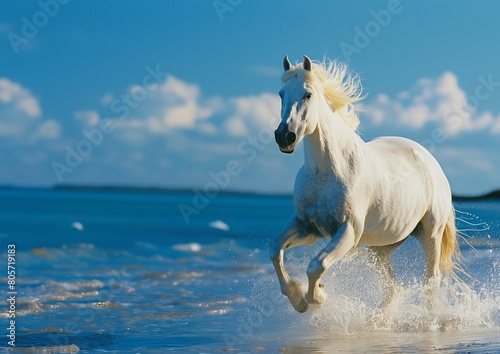 Majestic White Horse Galloping on Beach Shoreline with Blue Sky