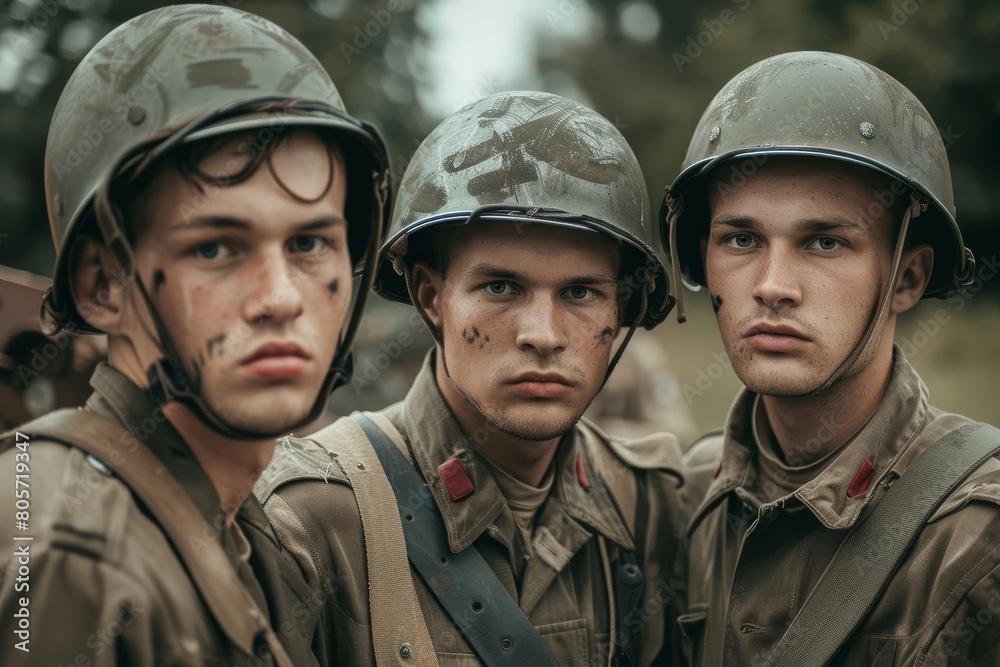 three young caucasian soldiers in helmets and retro military uniform world war concept photo three young caucasian soldiers in helmets and retro military uniform world war concept photo