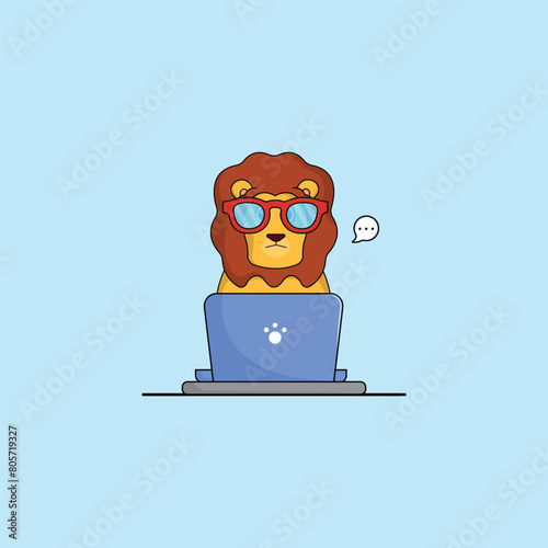 cute lioncartoon working at laptop vector illustration animal technology concept premium vector flat cartoon photo